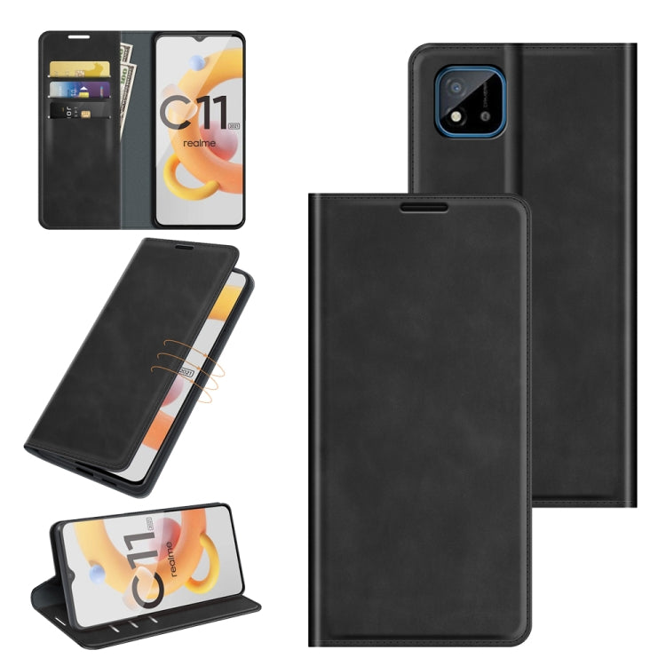 For OPPO Realme C11 2021 Retro-skin Business Magnetic Suction Leather Case with Holder & Card Slots & Wallet