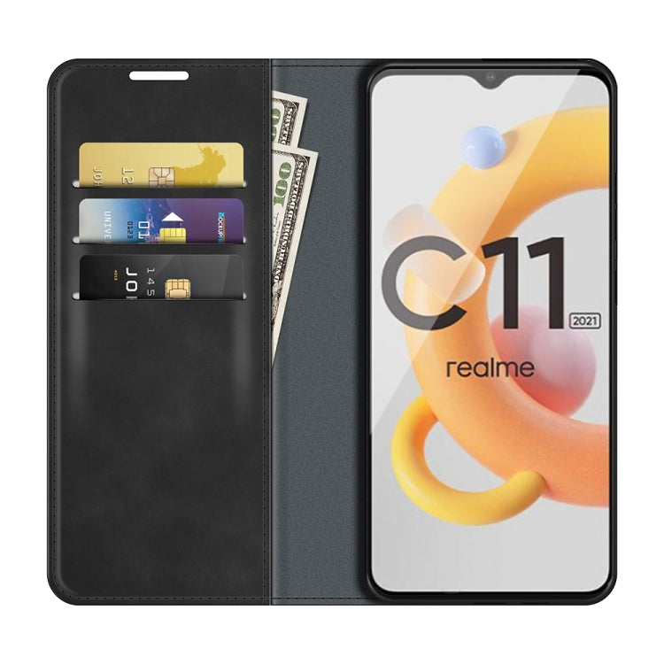 For OPPO Realme C11 2021 Retro-skin Business Magnetic Suction Leather Case with Holder & Card Slots & Wallet