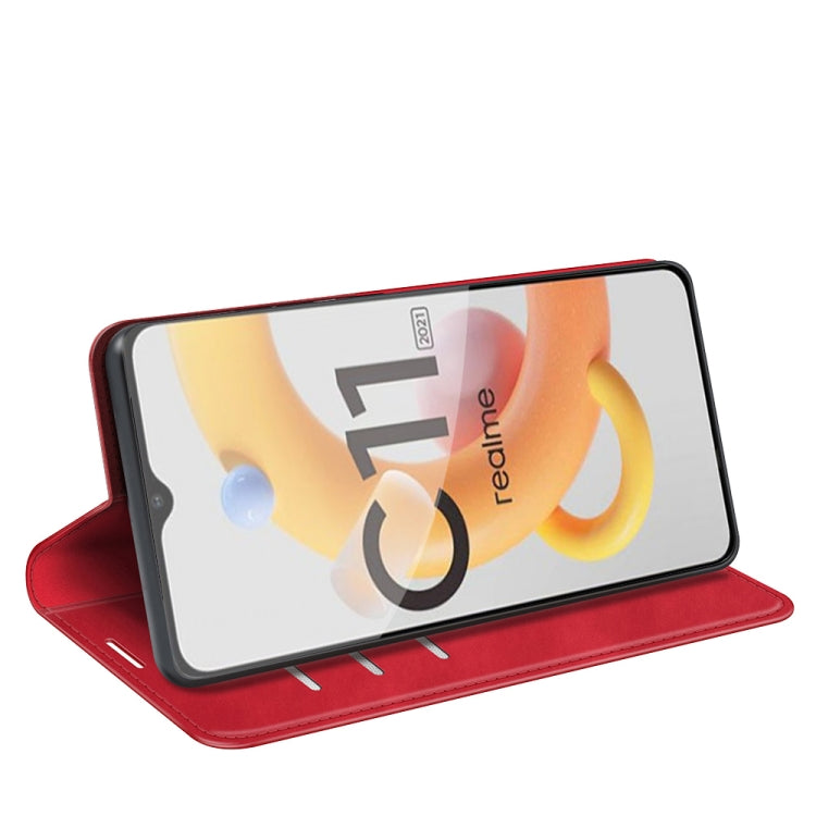 For OPPO Realme C11 2021 Retro-skin Business Magnetic Suction Leather Case with Holder & Card Slots & Wallet