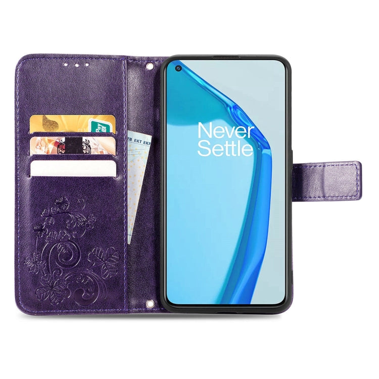 For OnePlus 9R Four-leaf Clasp Embossed Buckle Mobile Phone Protection Leather Case with Lanyard & Card Slot & Wallet & Bracket Function