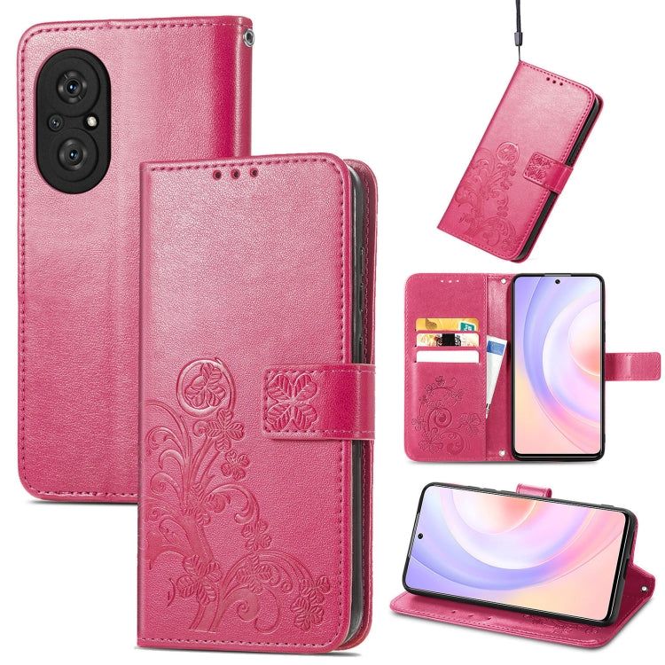 For Honor 50 SE Four-leaf Clasp Embossed Buckle Mobile Phone Protection Leather Case with Lanyard & Card Slot & Wallet & Bracket Function
