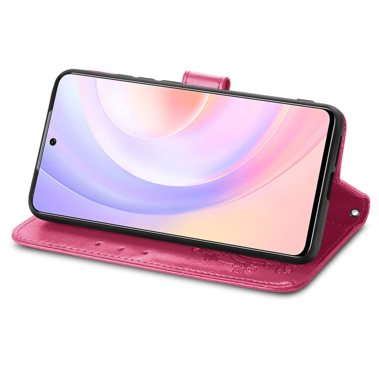 For Honor 50 SE Four-leaf Clasp Embossed Buckle Mobile Phone Protection Leather Case with Lanyard & Card Slot & Wallet & Bracket Function