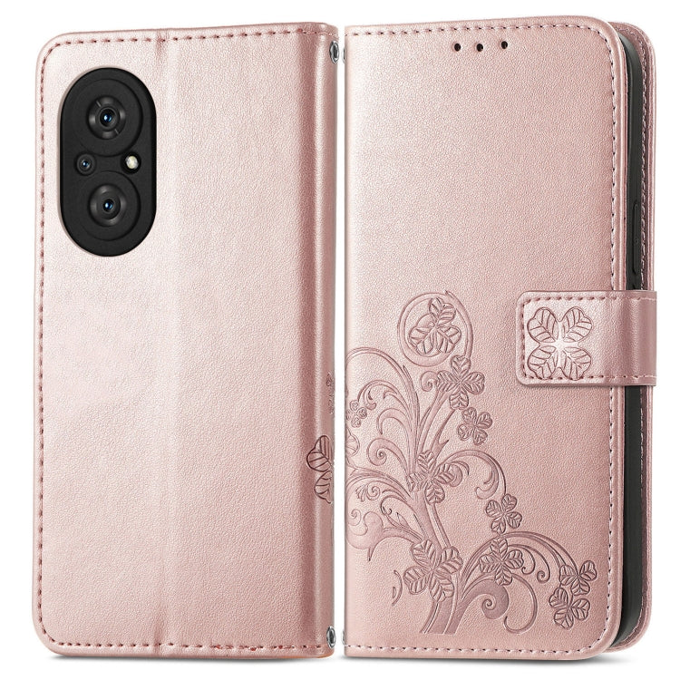 For Honor 50 SE Four-leaf Clasp Embossed Buckle Mobile Phone Protection Leather Case with Lanyard & Card Slot & Wallet & Bracket Function