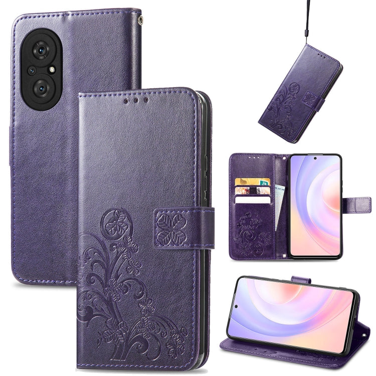 For Honor 50 SE Four-leaf Clasp Embossed Buckle Mobile Phone Protection Leather Case with Lanyard & Card Slot & Wallet & Bracket Function