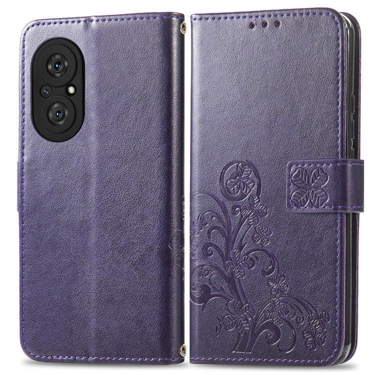 For Honor 50 SE Four-leaf Clasp Embossed Buckle Mobile Phone Protection Leather Case with Lanyard & Card Slot & Wallet & Bracket Function