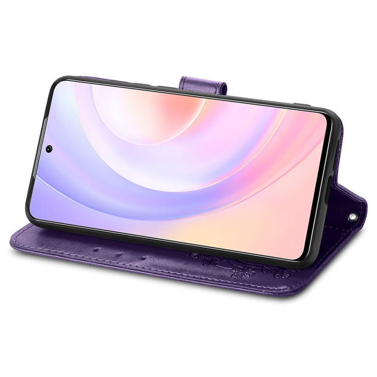 For Honor 50 SE Four-leaf Clasp Embossed Buckle Mobile Phone Protection Leather Case with Lanyard & Card Slot & Wallet & Bracket Function