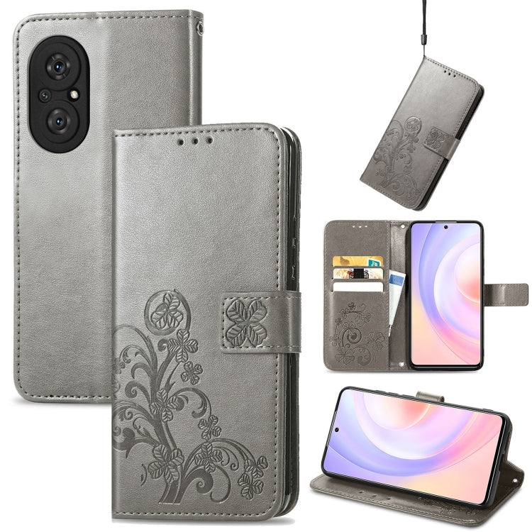 For Honor 50 SE Four-leaf Clasp Embossed Buckle Mobile Phone Protection Leather Case with Lanyard & Card Slot & Wallet & Bracket Function