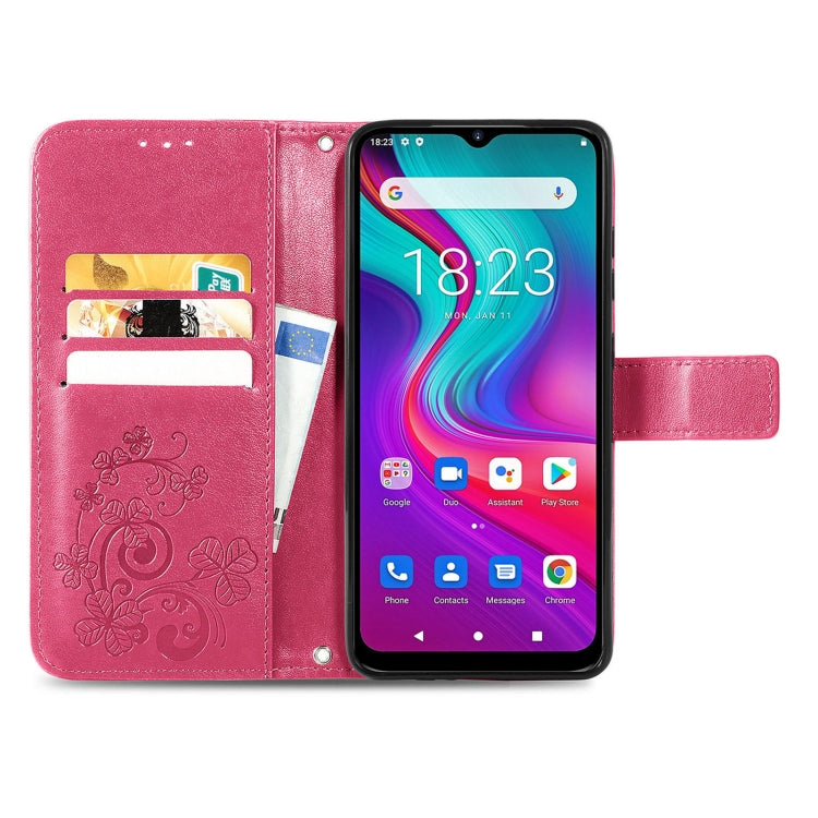 For Doogee X96 Pro Four-leaf Clasp Embossed Buckle Mobile Phone Protection Leather Case with Lanyard & Card Slot & Wallet & Bracket Function