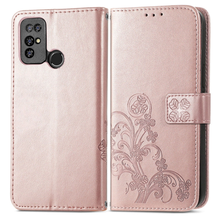For Doogee X96 Pro Four-leaf Clasp Embossed Buckle Mobile Phone Protection Leather Case with Lanyard & Card Slot & Wallet & Bracket Function