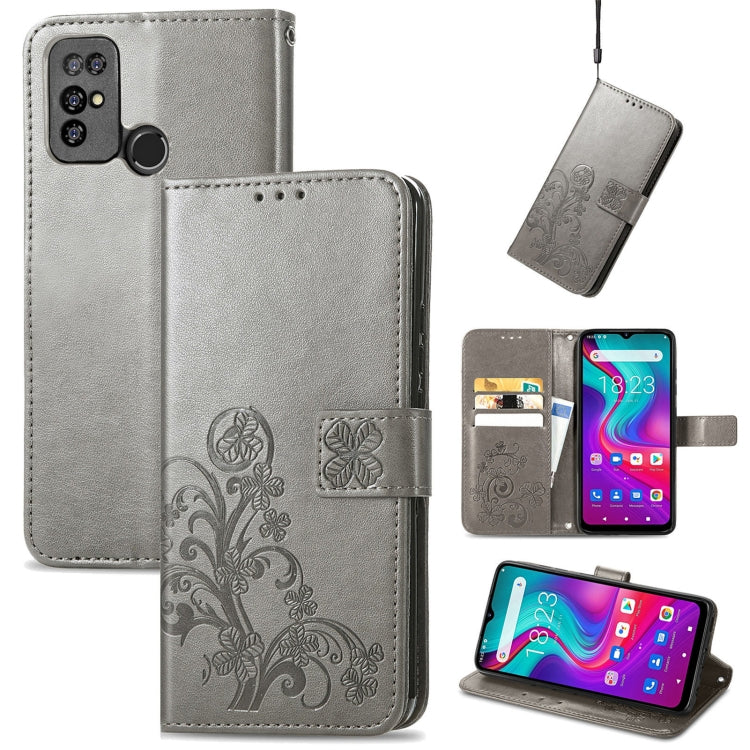 For Doogee X96 Pro Four-leaf Clasp Embossed Buckle Mobile Phone Protection Leather Case with Lanyard & Card Slot & Wallet & Bracket Function