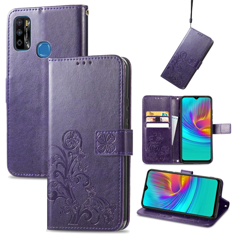 For Infinix X680 / Smart 4 Four-leaf Clasp Embossed Buckle Mobile Phone Protection Leather Case with Lanyard & Card Slot & Wallet & Bracket Function
