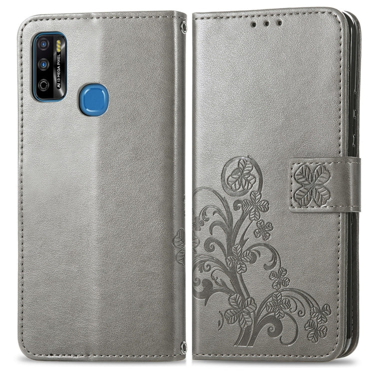 For Infinix X680 / Smart 4 Four-leaf Clasp Embossed Buckle Mobile Phone Protection Leather Case with Lanyard & Card Slot & Wallet & Bracket Function