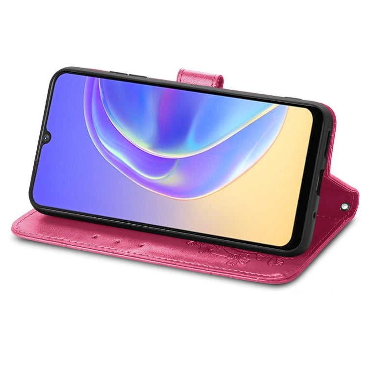 For vivo V21e 4G Four-leaf Clasp Embossed Buckle Mobile Phone Protection Leather Case with Lanyard & Card Slot & Wallet & Bracket Function