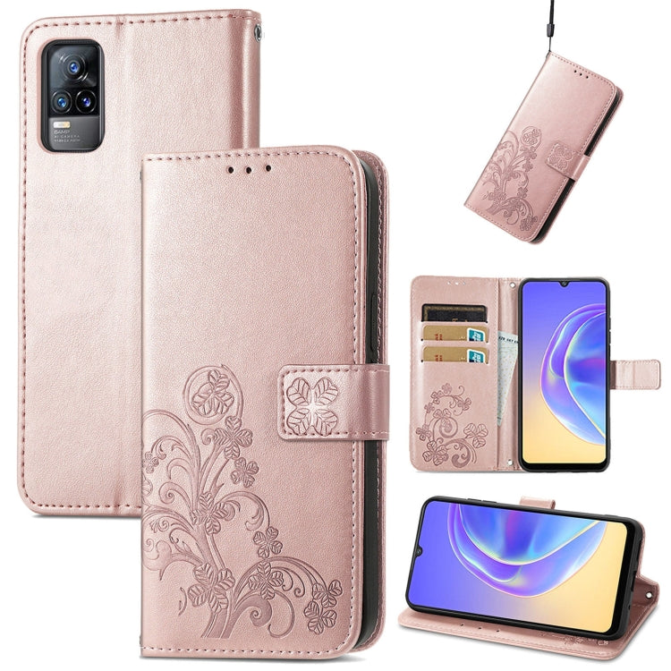 For vivo V21e 4G Four-leaf Clasp Embossed Buckle Mobile Phone Protection Leather Case with Lanyard & Card Slot & Wallet & Bracket Function