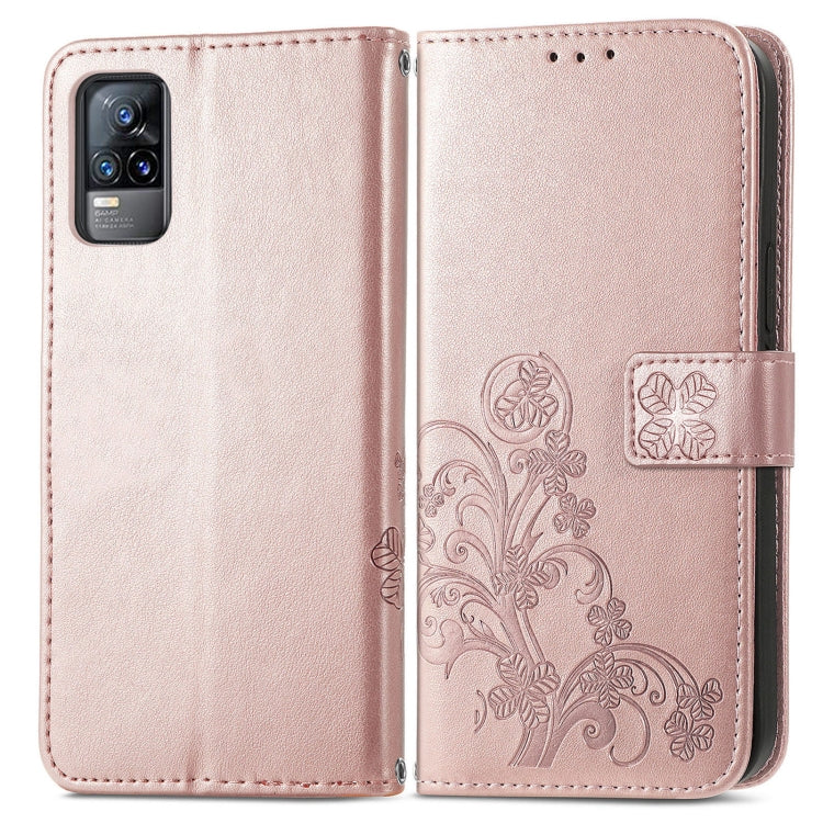 For vivo V21e 4G Four-leaf Clasp Embossed Buckle Mobile Phone Protection Leather Case with Lanyard & Card Slot & Wallet & Bracket Function