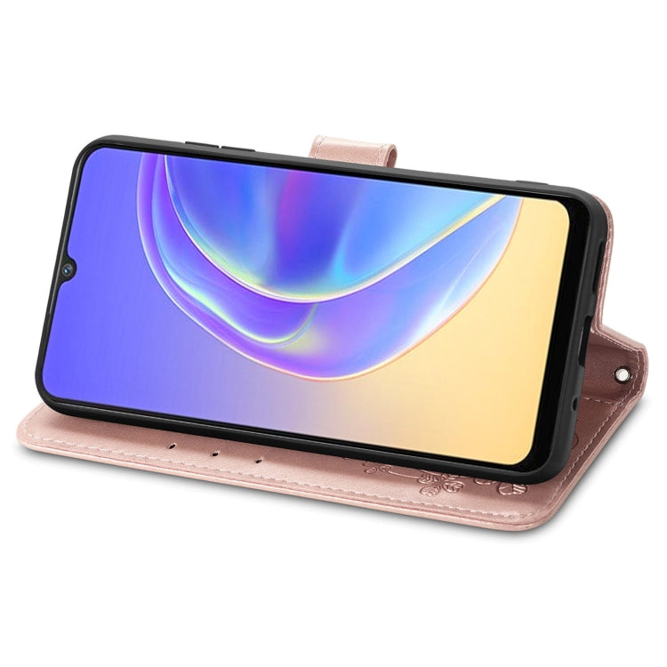 For vivo V21e 4G Four-leaf Clasp Embossed Buckle Mobile Phone Protection Leather Case with Lanyard & Card Slot & Wallet & Bracket Function