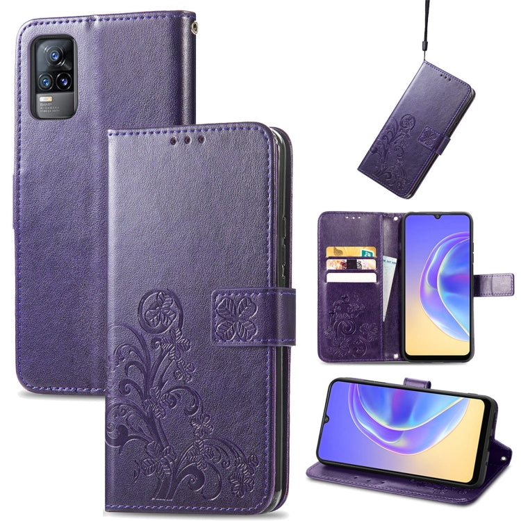 For vivo V21e 4G Four-leaf Clasp Embossed Buckle Mobile Phone Protection Leather Case with Lanyard & Card Slot & Wallet & Bracket Function