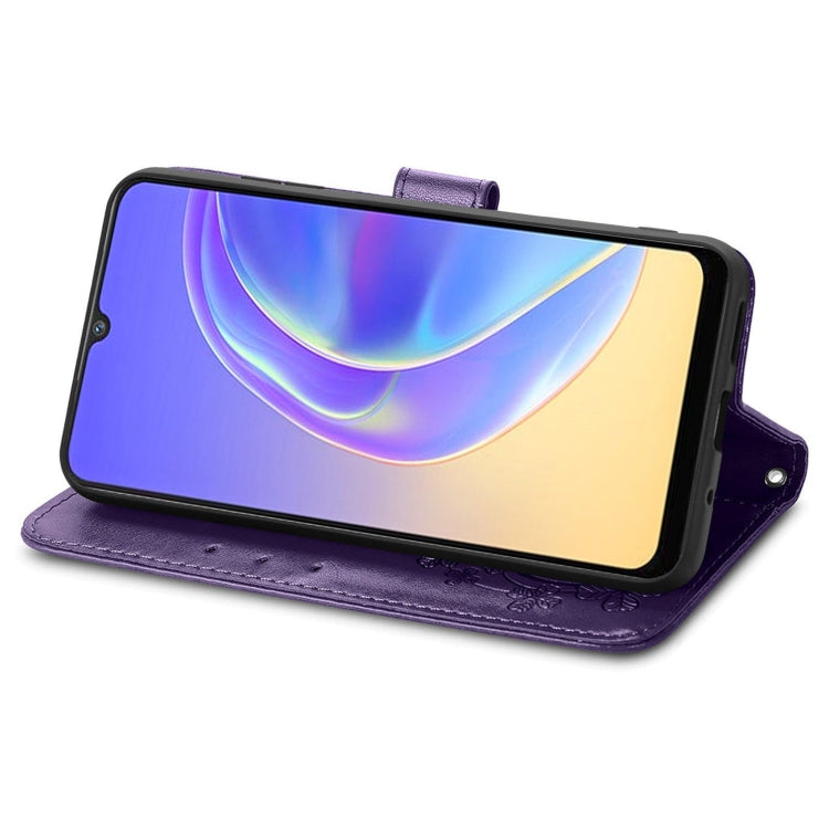 For vivo V21e 4G Four-leaf Clasp Embossed Buckle Mobile Phone Protection Leather Case with Lanyard & Card Slot & Wallet & Bracket Function