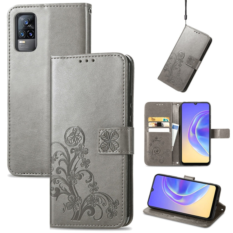 For vivo V21e 4G Four-leaf Clasp Embossed Buckle Mobile Phone Protection Leather Case with Lanyard & Card Slot & Wallet & Bracket Function