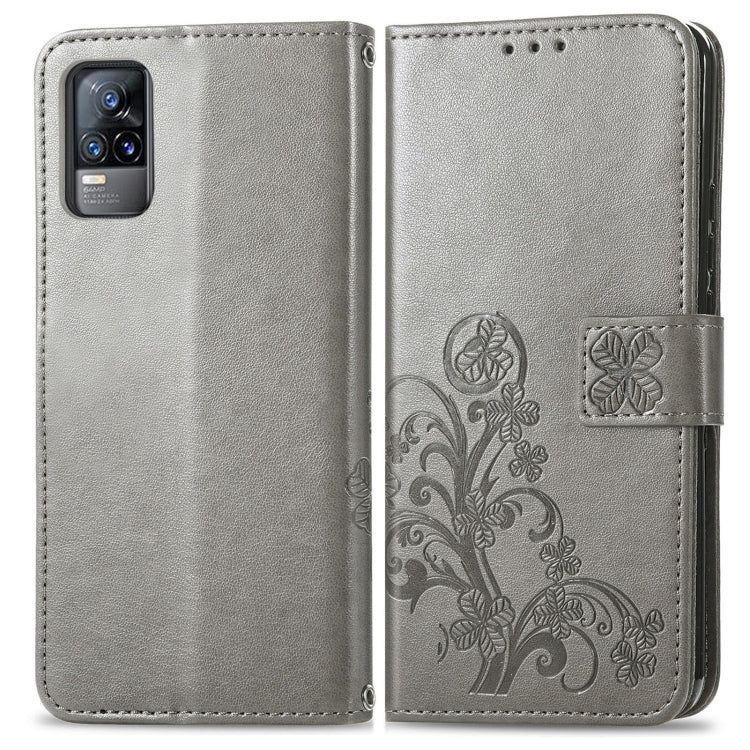 For vivo V21e 4G Four-leaf Clasp Embossed Buckle Mobile Phone Protection Leather Case with Lanyard & Card Slot & Wallet & Bracket Function