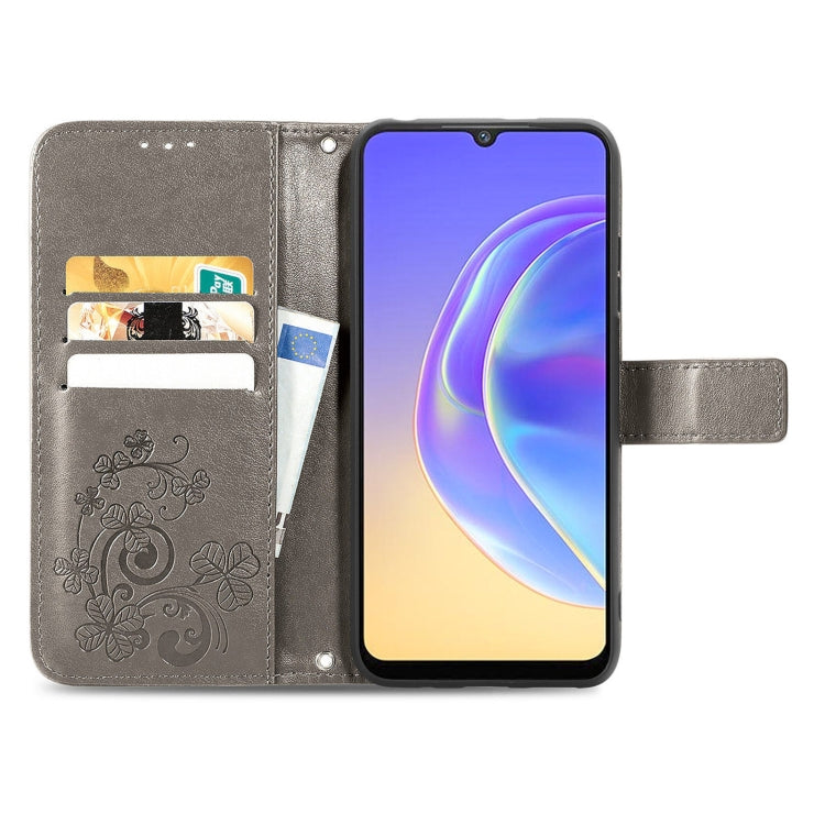 For vivo V21e 4G Four-leaf Clasp Embossed Buckle Mobile Phone Protection Leather Case with Lanyard & Card Slot & Wallet & Bracket Function