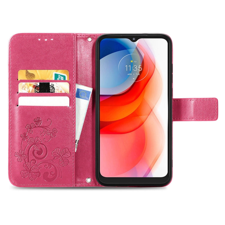 For Motorola G Play Four-leaf Clasp Embossed Buckle Mobile Phone Protection Leather Case with Lanyard & Card Slot & Wallet & Bracket Function