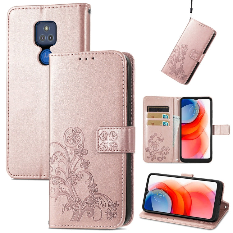 For Motorola G Play Four-leaf Clasp Embossed Buckle Mobile Phone Protection Leather Case with Lanyard & Card Slot & Wallet & Bracket Function