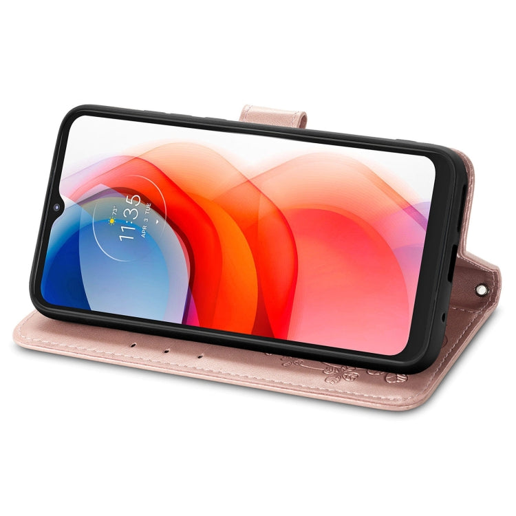 For Motorola G Play Four-leaf Clasp Embossed Buckle Mobile Phone Protection Leather Case with Lanyard & Card Slot & Wallet & Bracket Function