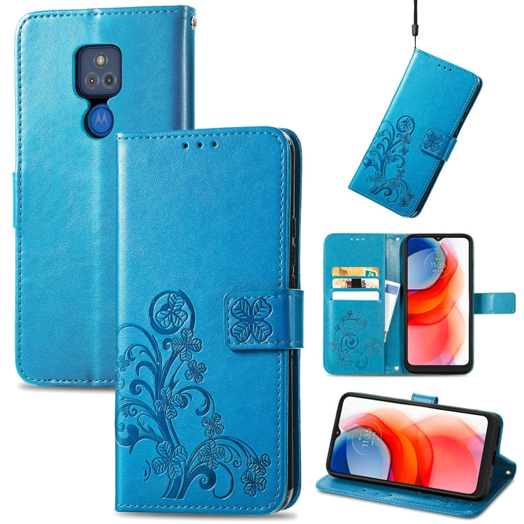 For Motorola G Play Four-leaf Clasp Embossed Buckle Mobile Phone Protection Leather Case with Lanyard & Card Slot & Wallet & Bracket Function