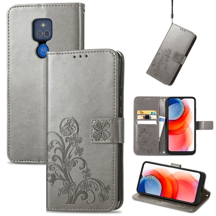 For Motorola G Play Four-leaf Clasp Embossed Buckle Mobile Phone Protection Leather Case with Lanyard & Card Slot & Wallet & Bracket Function