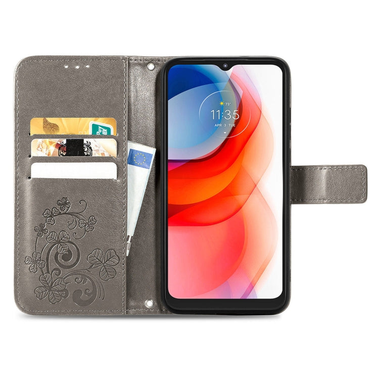 For Motorola G Play Four-leaf Clasp Embossed Buckle Mobile Phone Protection Leather Case with Lanyard & Card Slot & Wallet & Bracket Function