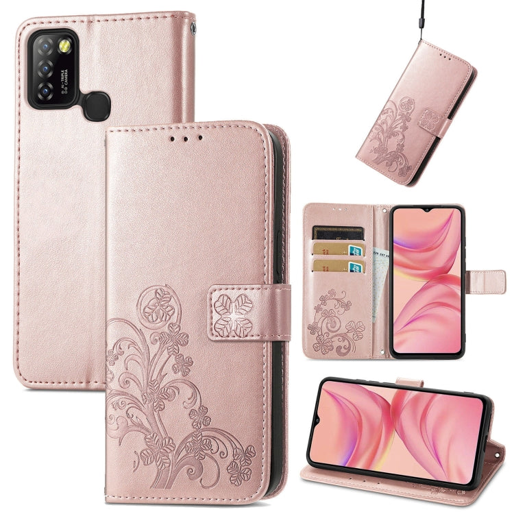 For Infinix Hot 10 Lite Four-leaf Clasp Embossed Buckle Mobile Phone Protection Leather Case with Lanyard & Card Slot & Wallet & Bracket Function