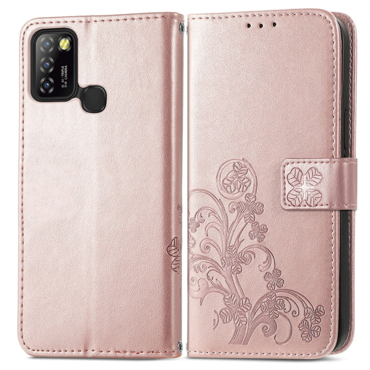 For Infinix Hot 10 Lite Four-leaf Clasp Embossed Buckle Mobile Phone Protection Leather Case with Lanyard & Card Slot & Wallet & Bracket Function