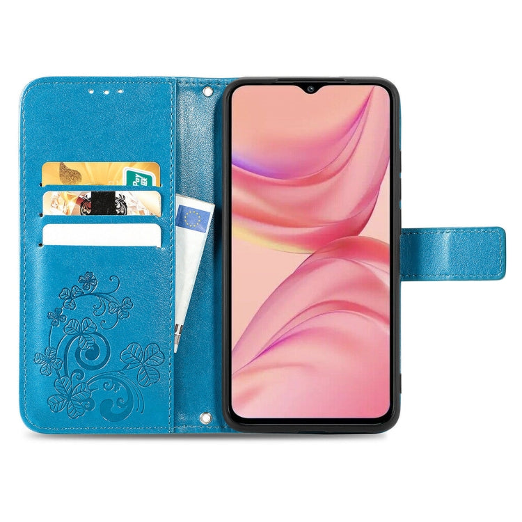 For Infinix Hot 10 Lite Four-leaf Clasp Embossed Buckle Mobile Phone Protection Leather Case with Lanyard & Card Slot & Wallet & Bracket Function