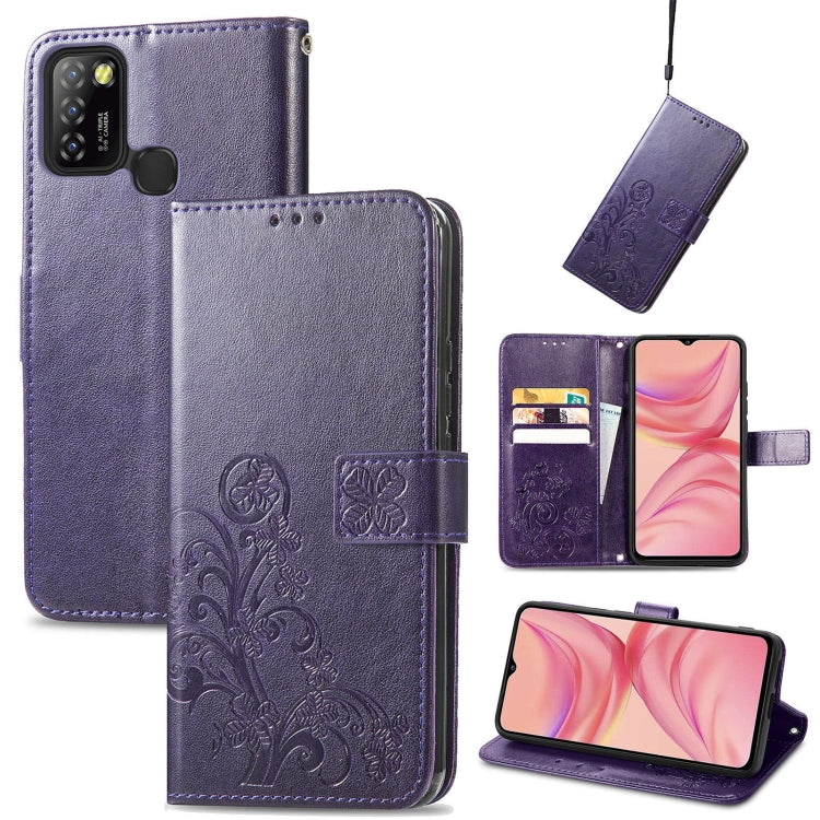 For Infinix Hot 10 Lite Four-leaf Clasp Embossed Buckle Mobile Phone Protection Leather Case with Lanyard & Card Slot & Wallet & Bracket Function