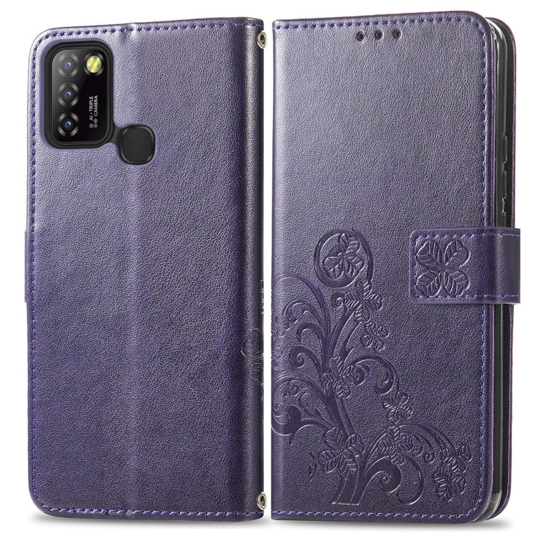 For Infinix Hot 10 Lite Four-leaf Clasp Embossed Buckle Mobile Phone Protection Leather Case with Lanyard & Card Slot & Wallet & Bracket Function