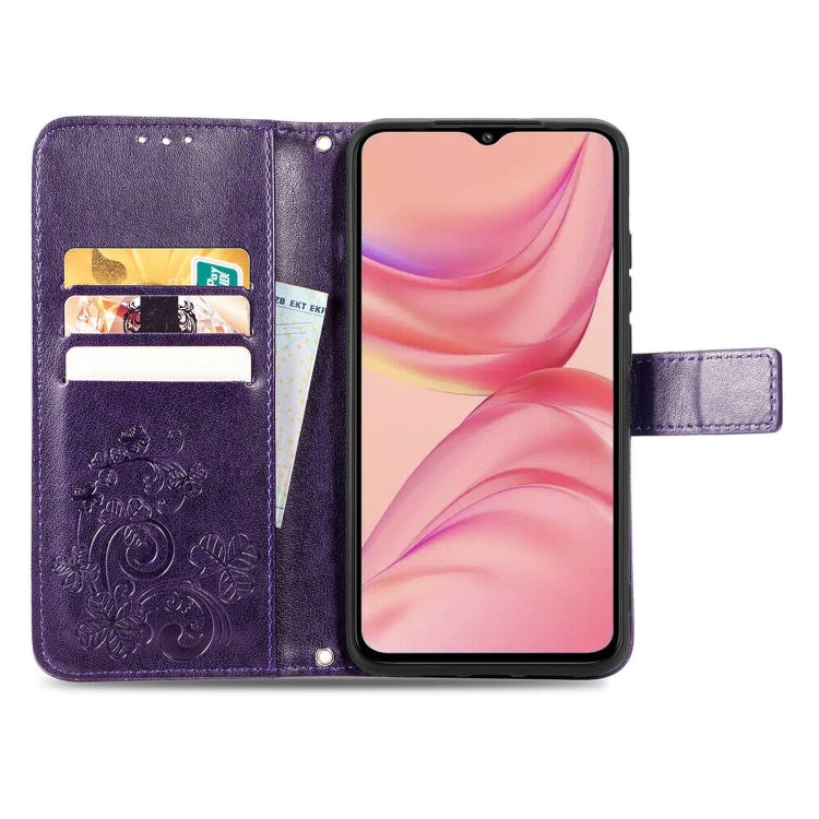 For Infinix Hot 10 Lite Four-leaf Clasp Embossed Buckle Mobile Phone Protection Leather Case with Lanyard & Card Slot & Wallet & Bracket Function