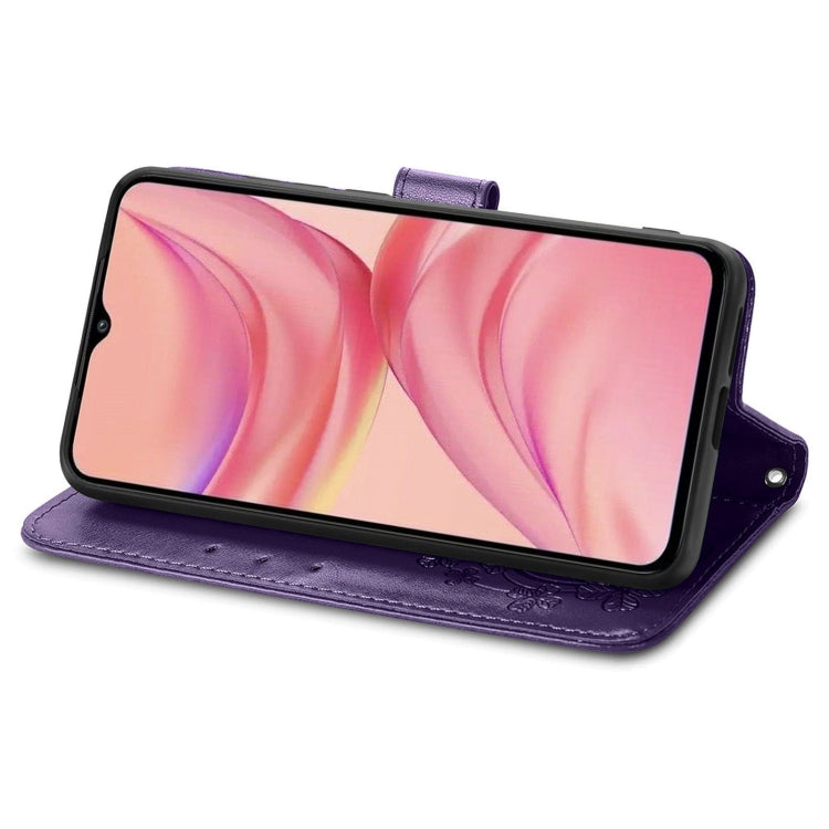 For Infinix Hot 10 Lite Four-leaf Clasp Embossed Buckle Mobile Phone Protection Leather Case with Lanyard & Card Slot & Wallet & Bracket Function