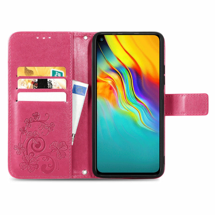 For Infinix Hot 9 Four-leaf Clasp Embossed Buckle Mobile Phone Protection Leather Case with Lanyard & Card Slot & Wallet & Bracket Function