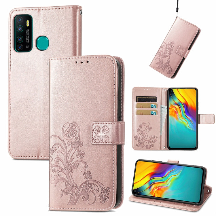 For Infinix Hot 9 Four-leaf Clasp Embossed Buckle Mobile Phone Protection Leather Case with Lanyard & Card Slot & Wallet & Bracket Function