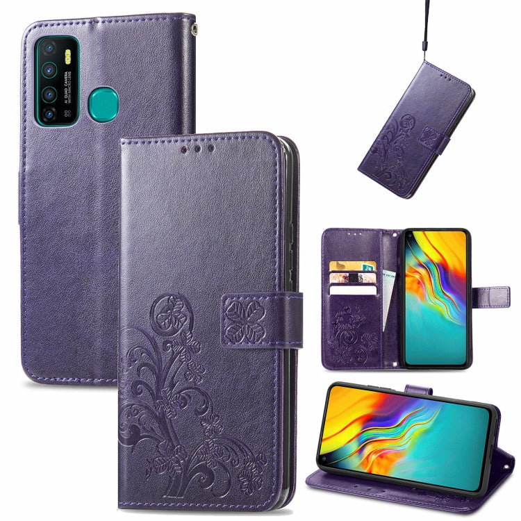 For Infinix Hot 9 Four-leaf Clasp Embossed Buckle Mobile Phone Protection Leather Case with Lanyard & Card Slot & Wallet & Bracket Function