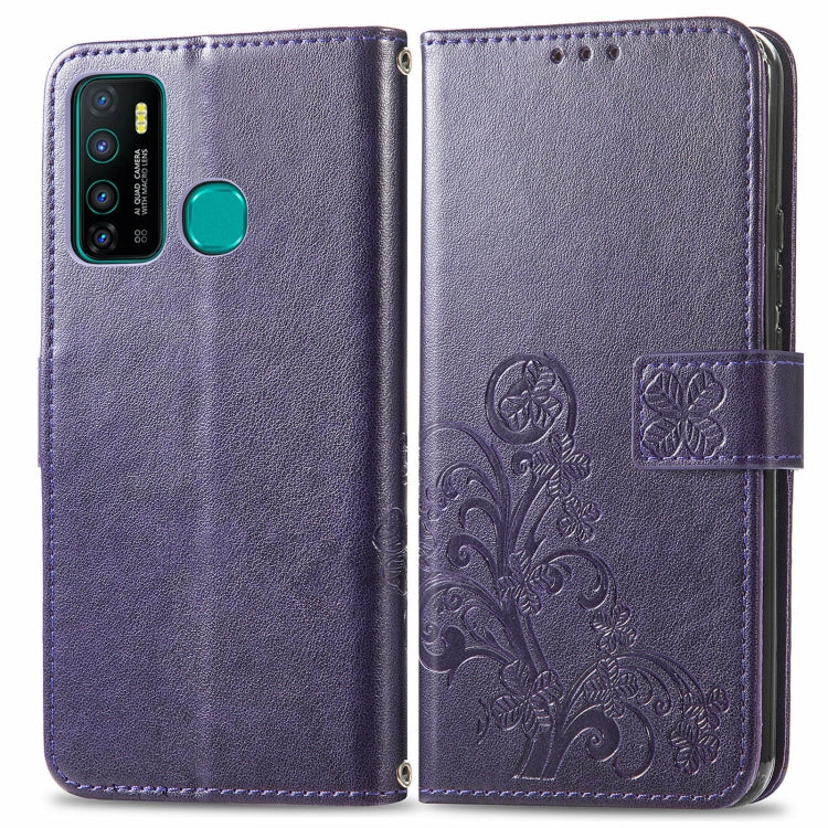 For Infinix Hot 9 Four-leaf Clasp Embossed Buckle Mobile Phone Protection Leather Case with Lanyard & Card Slot & Wallet & Bracket Function