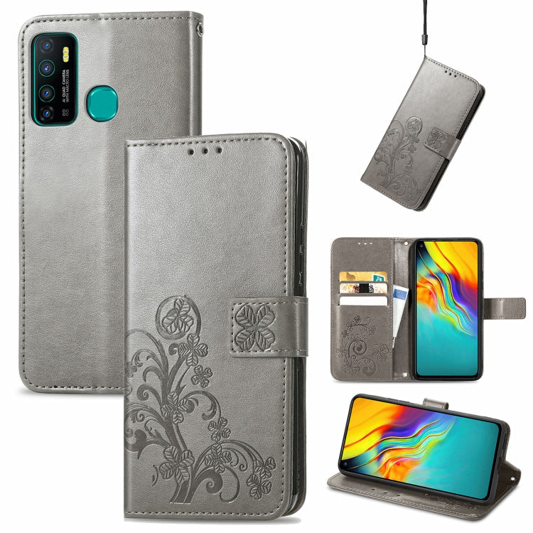 For Infinix Hot 9 Four-leaf Clasp Embossed Buckle Mobile Phone Protection Leather Case with Lanyard & Card Slot & Wallet & Bracket Function