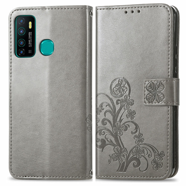 For Infinix Hot 9 Four-leaf Clasp Embossed Buckle Mobile Phone Protection Leather Case with Lanyard & Card Slot & Wallet & Bracket Function