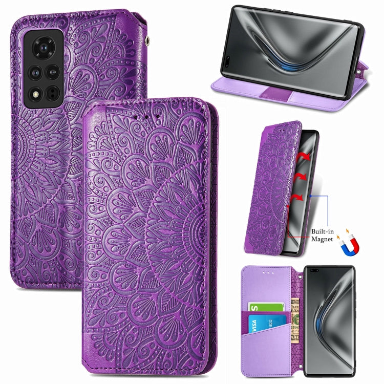 For Honor V40 5G Blooming Mandala Embossed Pattern Magnetic Horizontal Flip Leather Case with Holder & Card Slots & Wallet