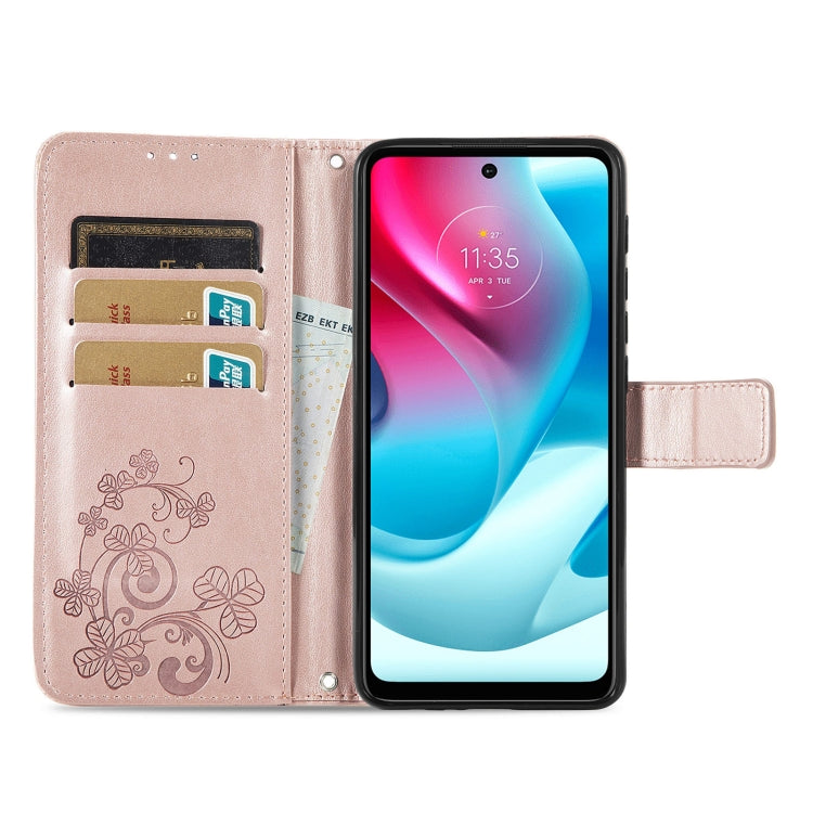 For Motorla Moto G60S Four-leaf Clasp Embossed Buckle Mobile Phone Protection Leather Case with Lanyard & Card Slot & Wallet & Bracket Function