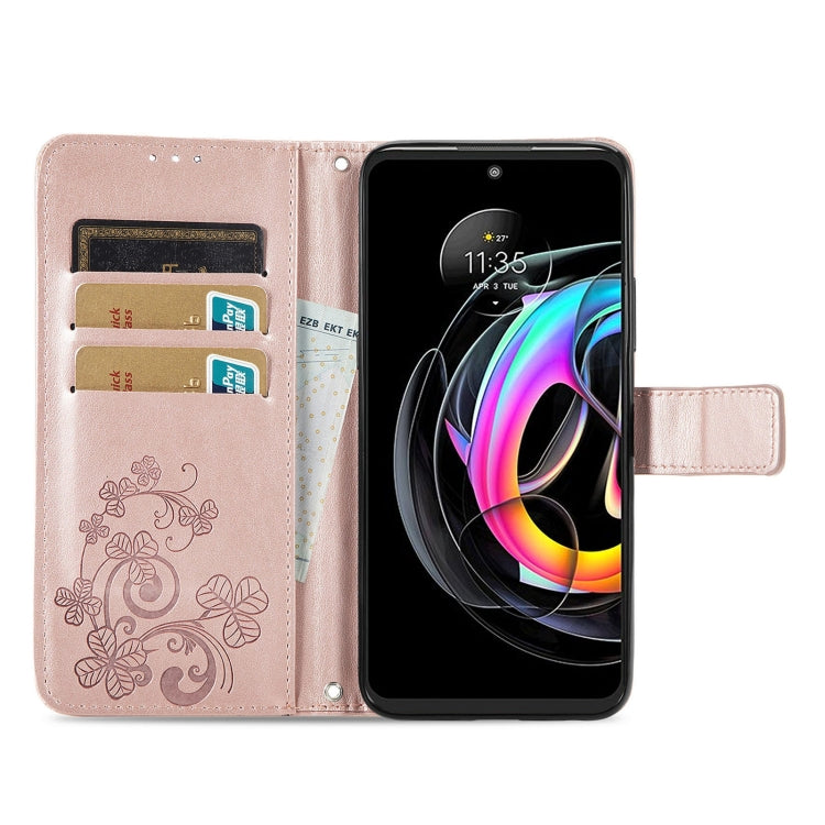 For Motorola Edge 20 Lite Four-leaf Clasp Embossed Buckle Mobile Phone Protection Leather Case with Lanyard & Card Slot & Wallet & Bracket Function