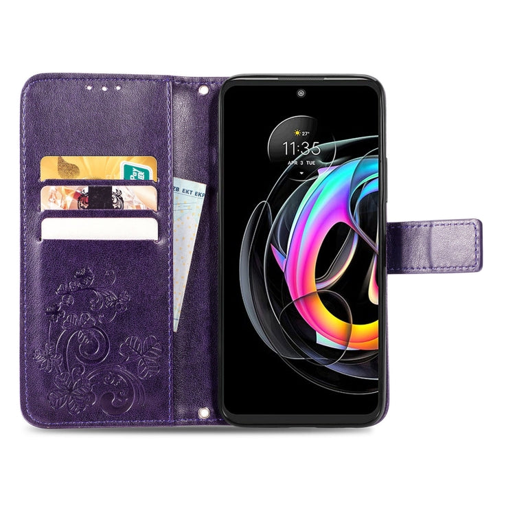 For Motorola Edge 20 Lite Four-leaf Clasp Embossed Buckle Mobile Phone Protection Leather Case with Lanyard & Card Slot & Wallet & Bracket Function