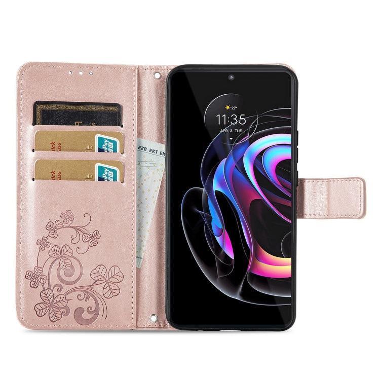 For Motorola Edge 20 Pro Four-leaf Clasp Embossed Buckle Mobile Phone Protection Leather Case with Lanyard & Card Slot & Wallet & Bracket Function