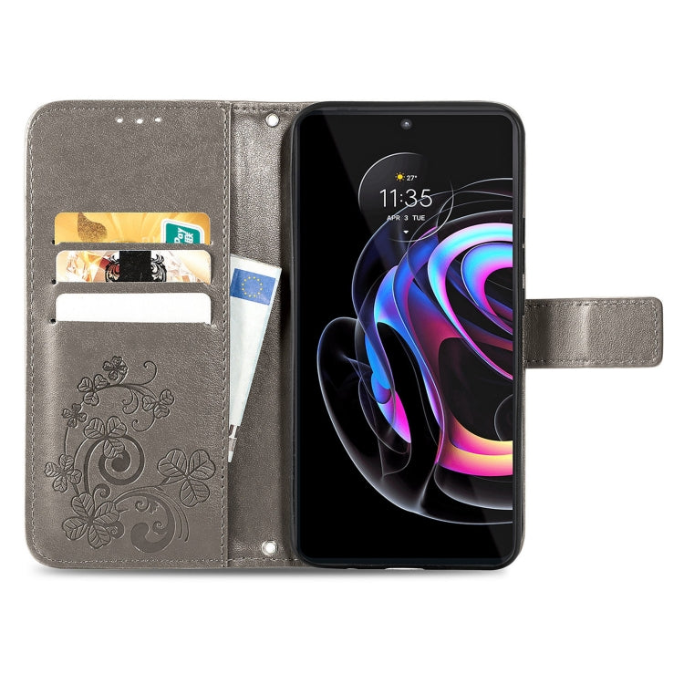 For Motorola Edge 20 Pro Four-leaf Clasp Embossed Buckle Mobile Phone Protection Leather Case with Lanyard & Card Slot & Wallet & Bracket Function